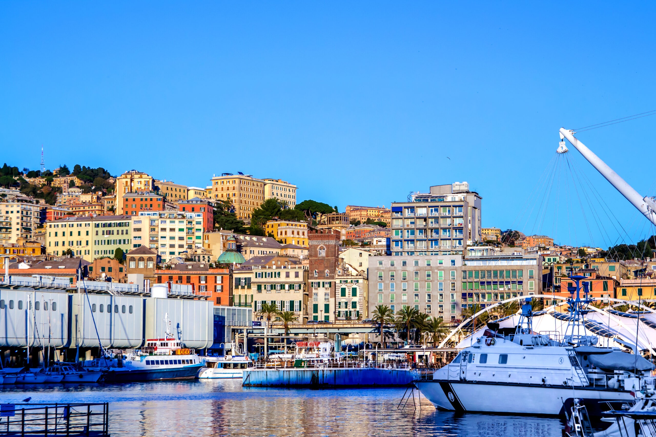A vibrant coastal city with colorful buildings and a busy marina filled with boats.