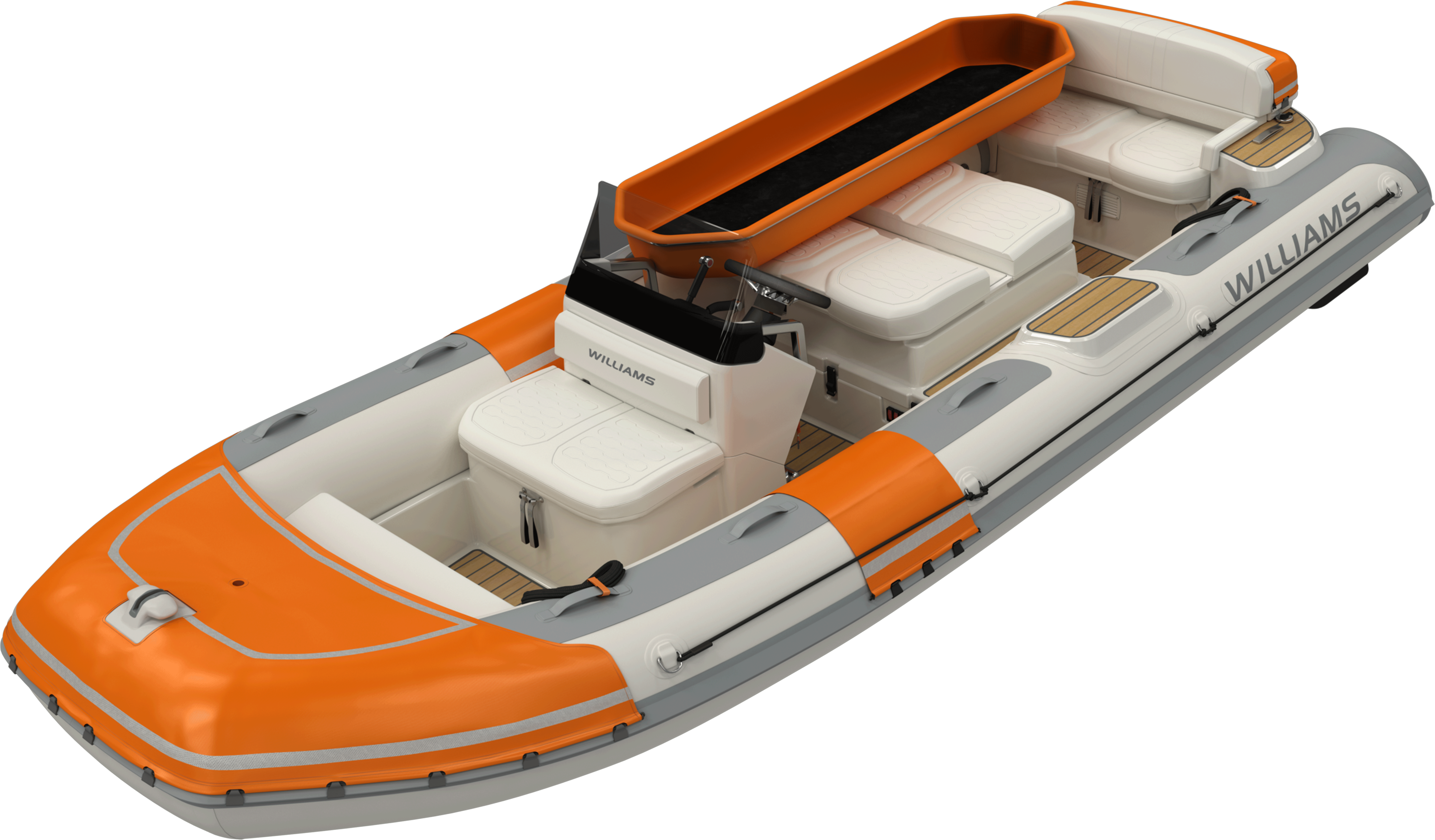 Williams DieselJet SOLAS tender with orange accents, spacious seating, and a streamlined design for water activities.