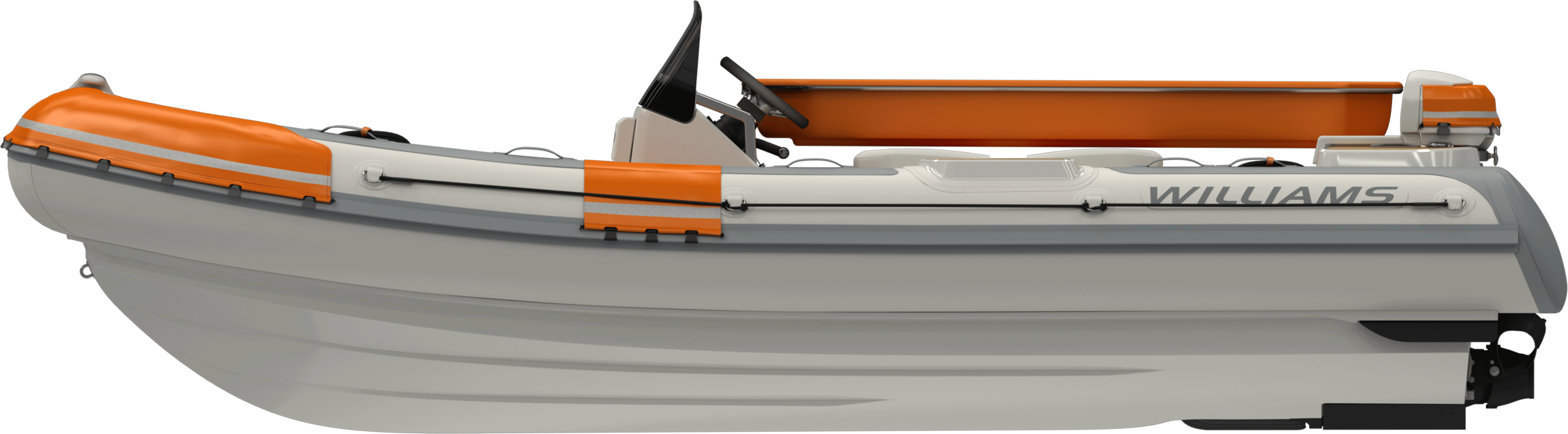 Side profile view of Williams DieselJet SOLAS tender, featuring in orange accents.