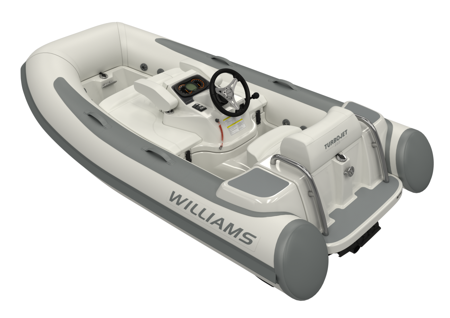 A white and grey Williams TurboJet 285, a small yacht tender with a sleek, modern design