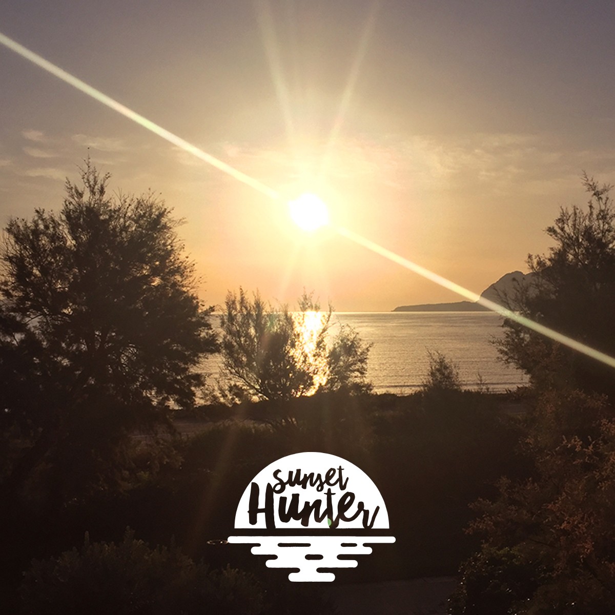 A serene sunset view over the water, with trees in the foreground and "Sunset Hunter" logo