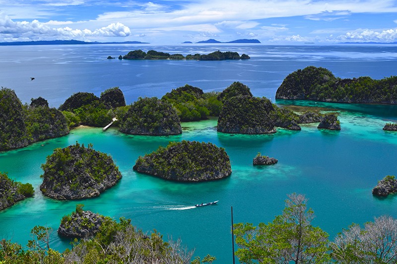 Tropical islands with lush greenery surrounded by turquoise waters under a bright, clear sky.