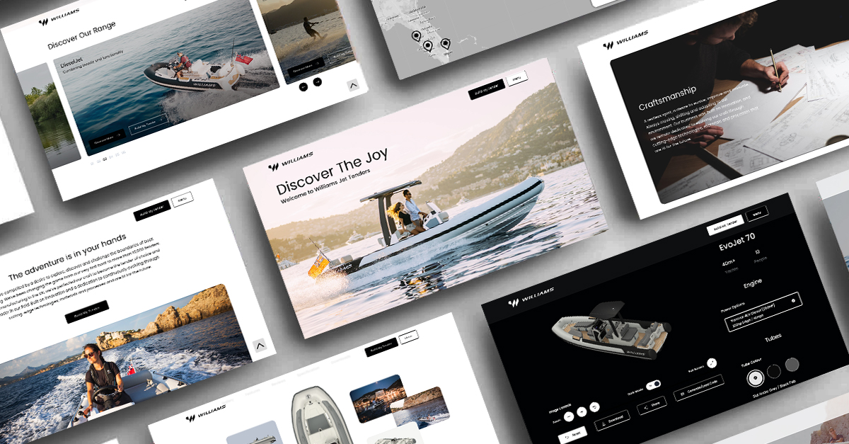 Collage of Williams Jet Tenders website pages showcasing models, features, and customization options